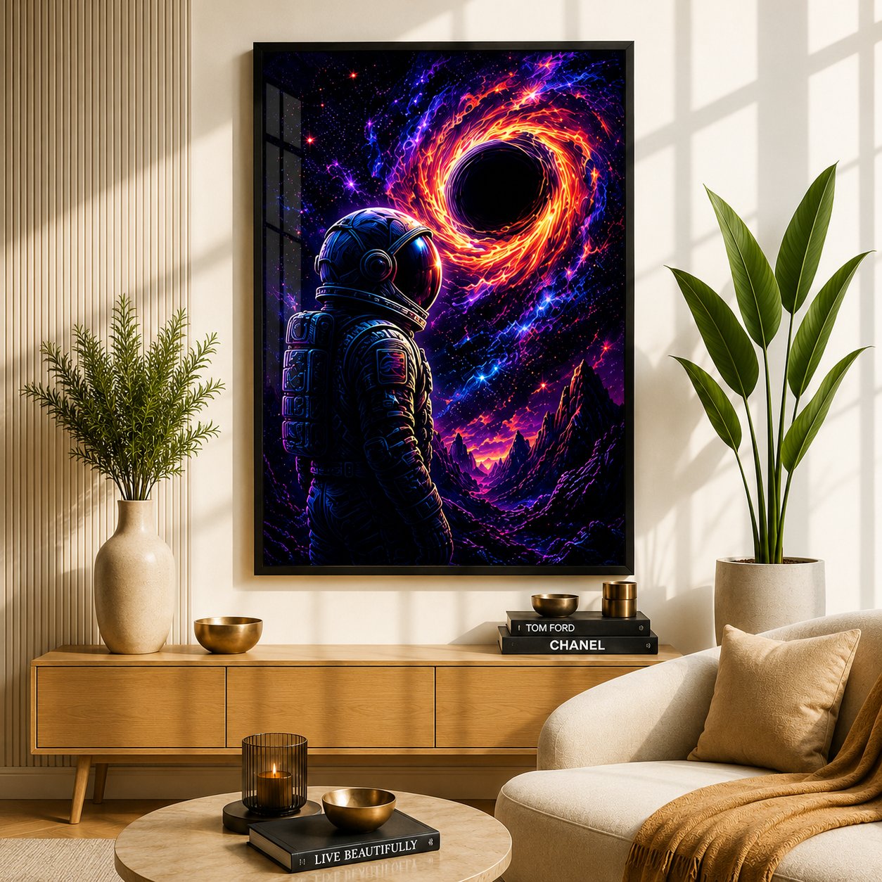 Astronaut at the Edge of the Void – Cosmic Black Hole Neon Space Wall Art Blockout Print