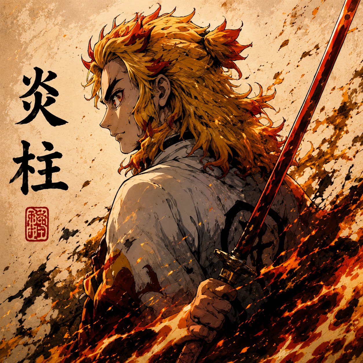 Demon Slayer Rengoku Anime Wall Art – Flame Hashira Japanese Kanji Canvas Print - Image 2