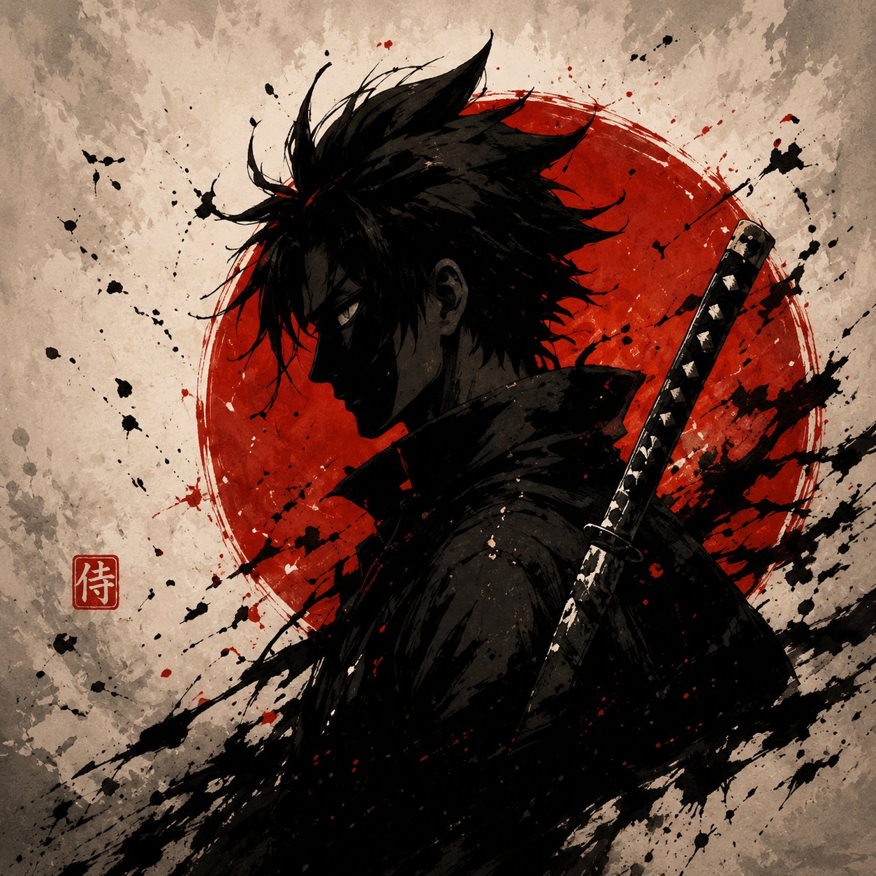 Japanese Samurai Anime Wall Art – Rising Sun Katana Ink Splatter Canvas Print - Image 3