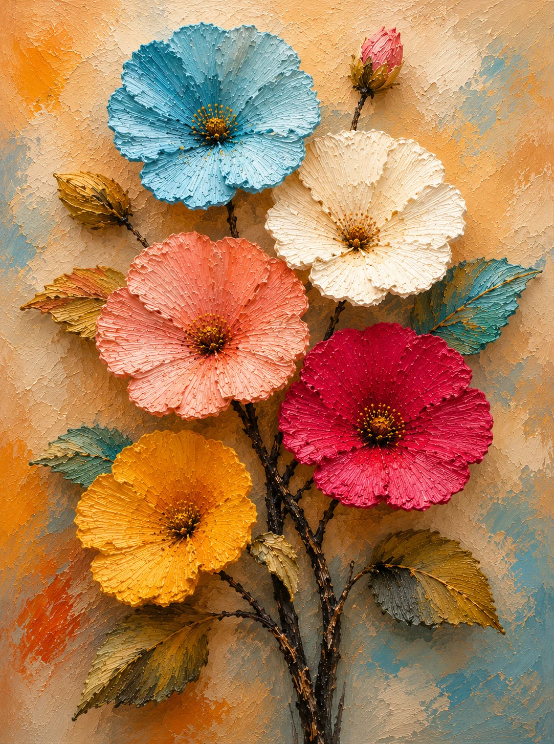 Vibrant Meadow Blooms 3D Canvas Print – Heavy Impasto Palette Knife Floral Wall Art - Image 2