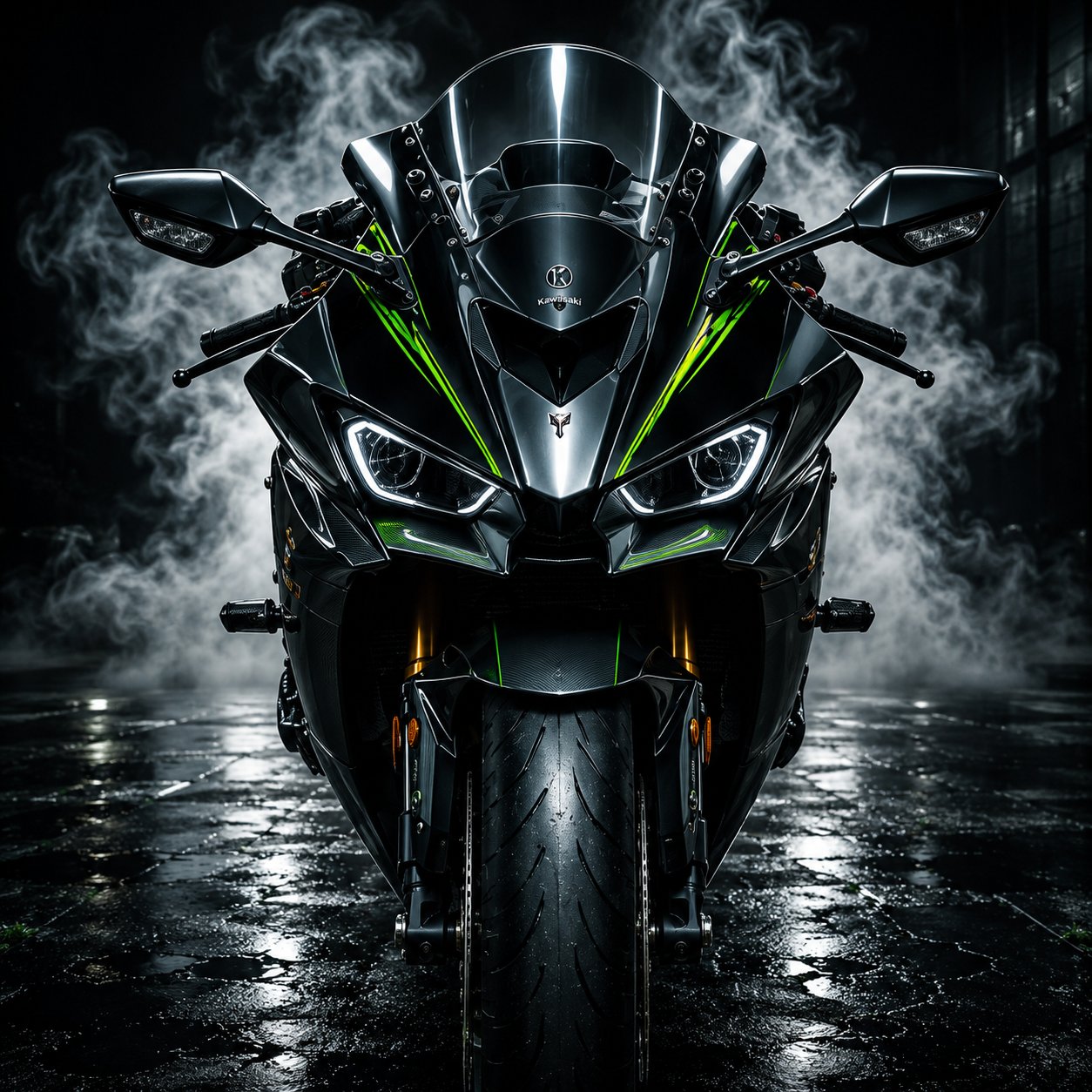 Kawasaki Ninja ZX-10R Motorcycle Wall Art – Front View Cyberpunk Smoke Canvas Print - Image 2