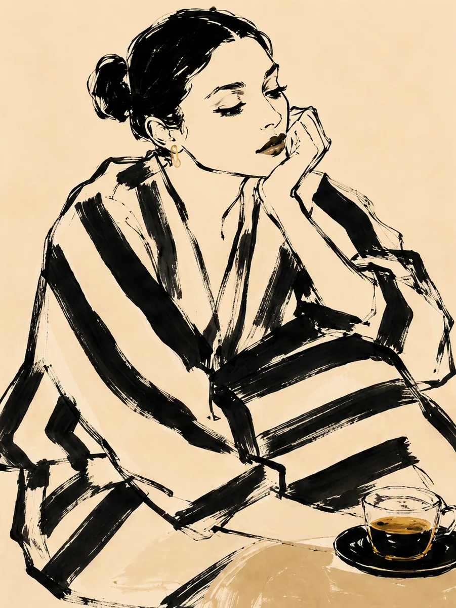 Morning Espresso Fashion Canvas Art – Amber & Black Stripes - Image 2