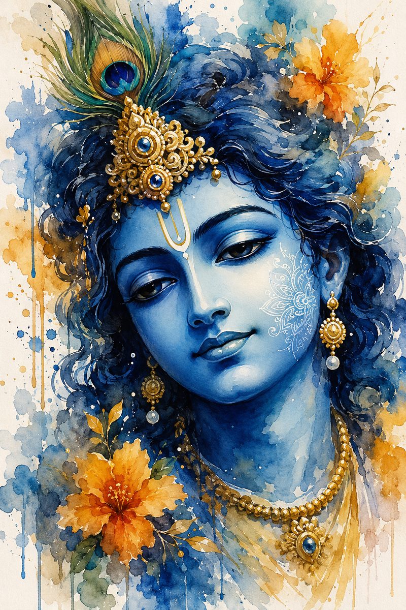 Ethereal Krishna – Floral Watercolor Canvas Art - Image 2