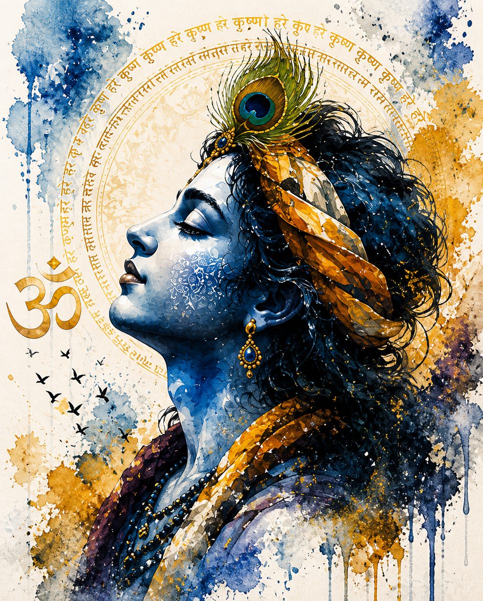 Divine Serenity of Krishna – Spiritual Watercolor Canvas Art - Image 2