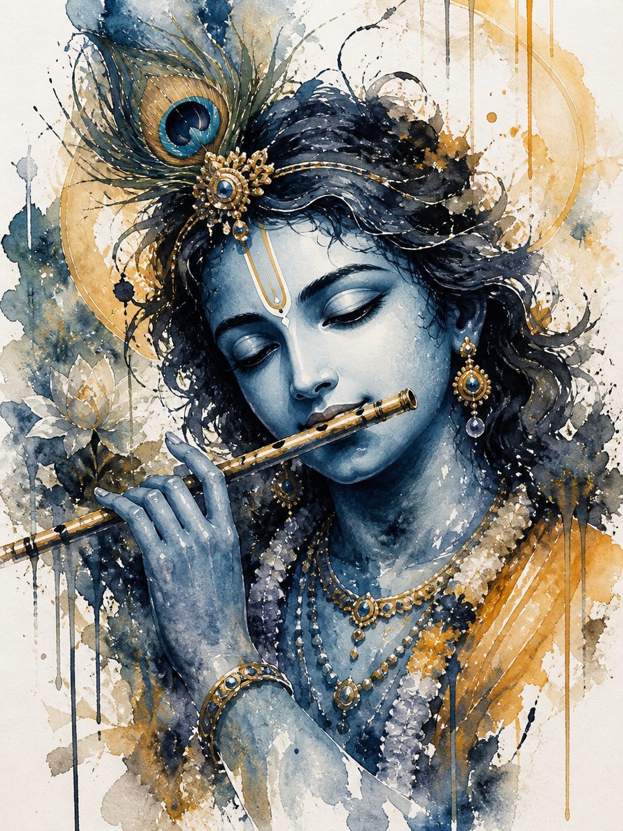 Krishna’s Divine Melody – Elegant Watercolor Canvas Art - Image 2