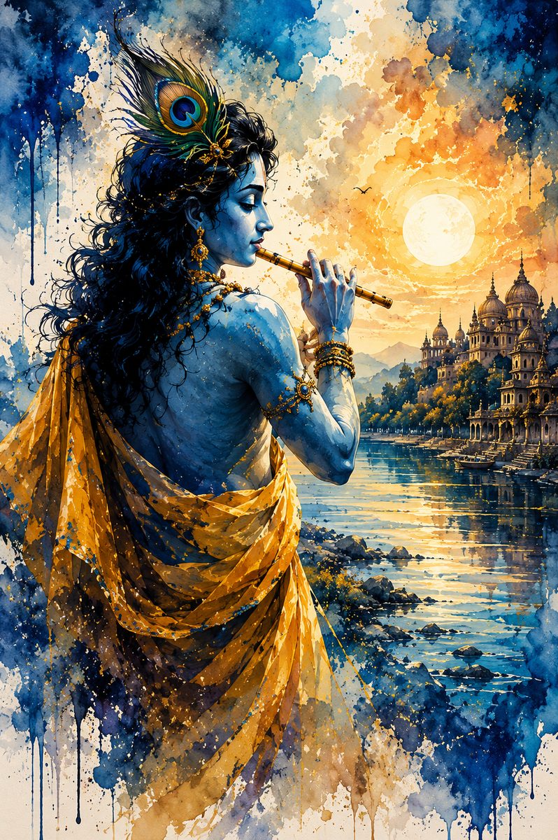 The Divine Flutist – Lord Krishna at Vrindavan Sunset Watercolor Art - Image 3
