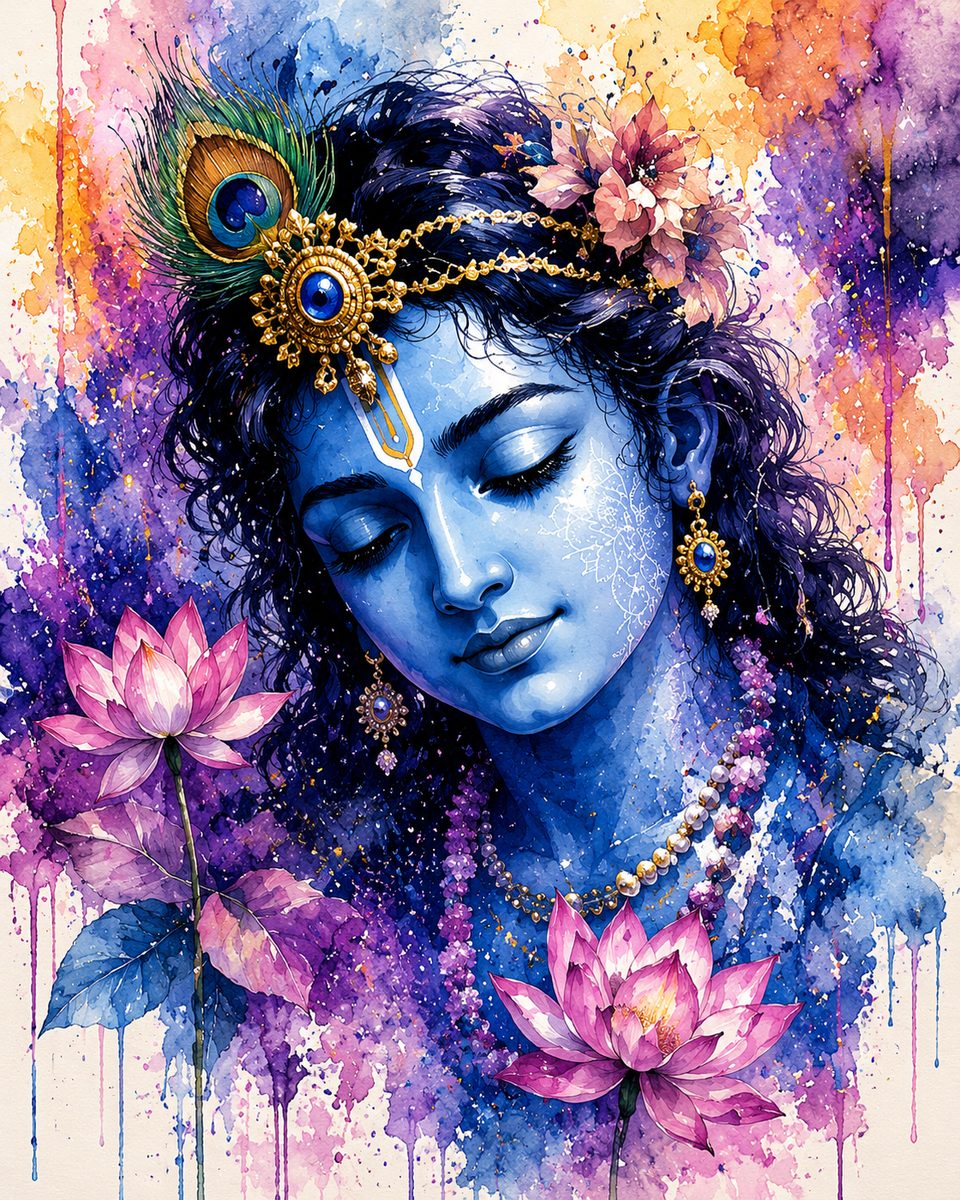 The Blossoming of Grace – Krishna Watercolor Portrait - Image 3