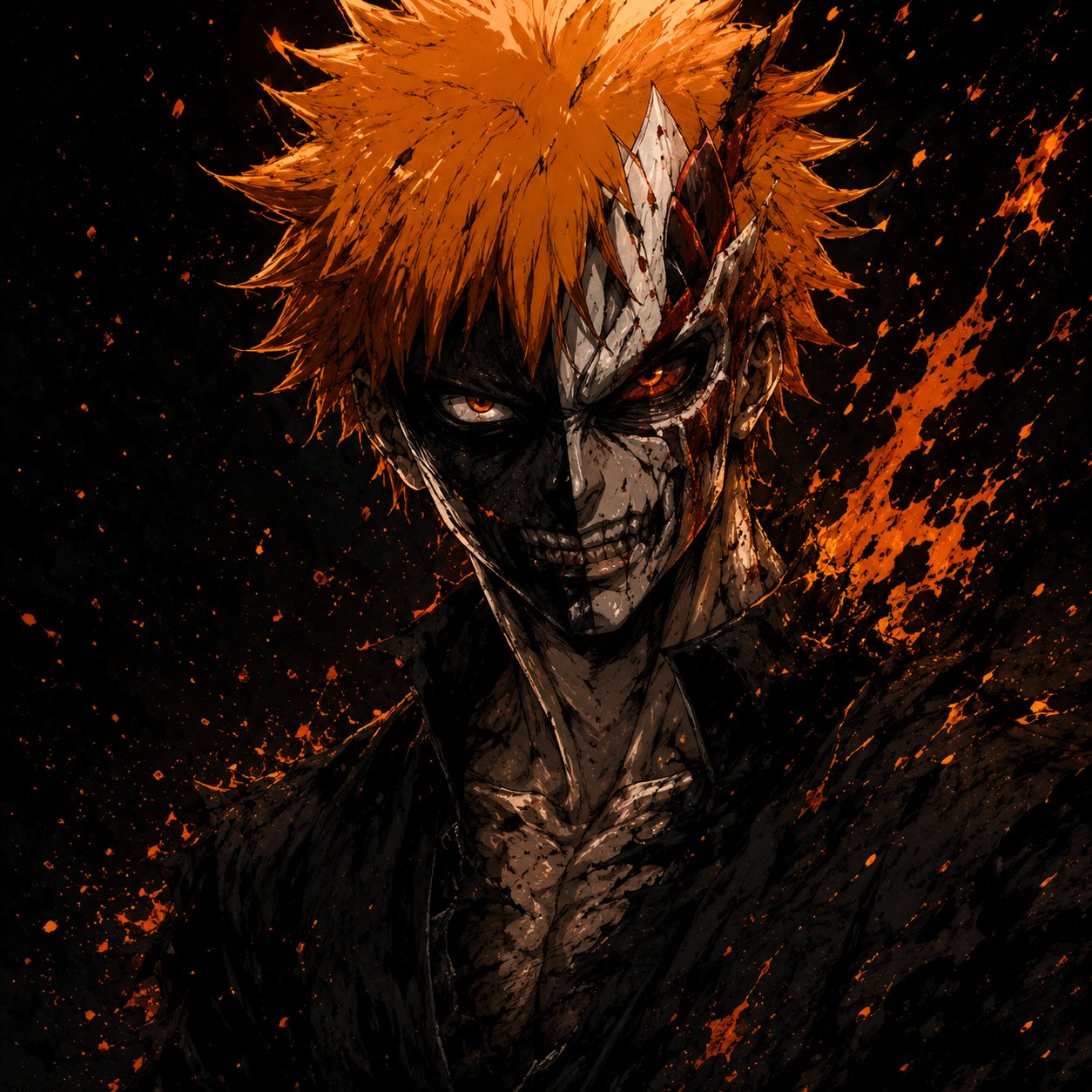 Bleach Ichigo Kurosaki Anime Wall Art – Half Hollow Mask Orange Splatter Canvas Print - Image 3