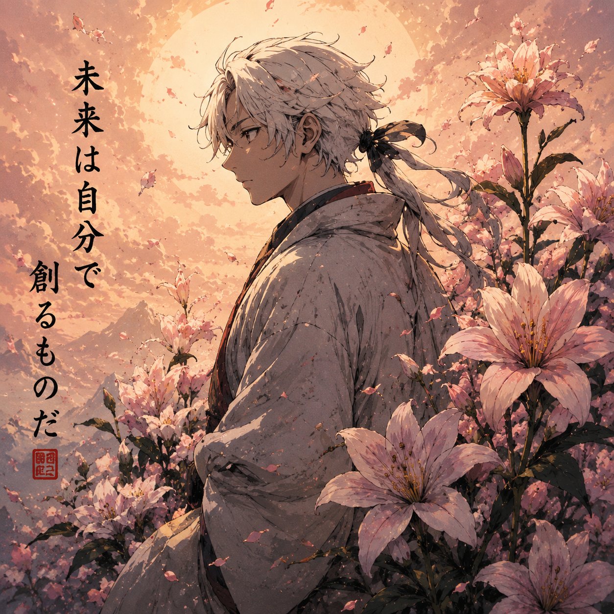 Japanese Samurai Anime Wall Art – Pastel Pink Lily Mountain Canvas Print - Image 3