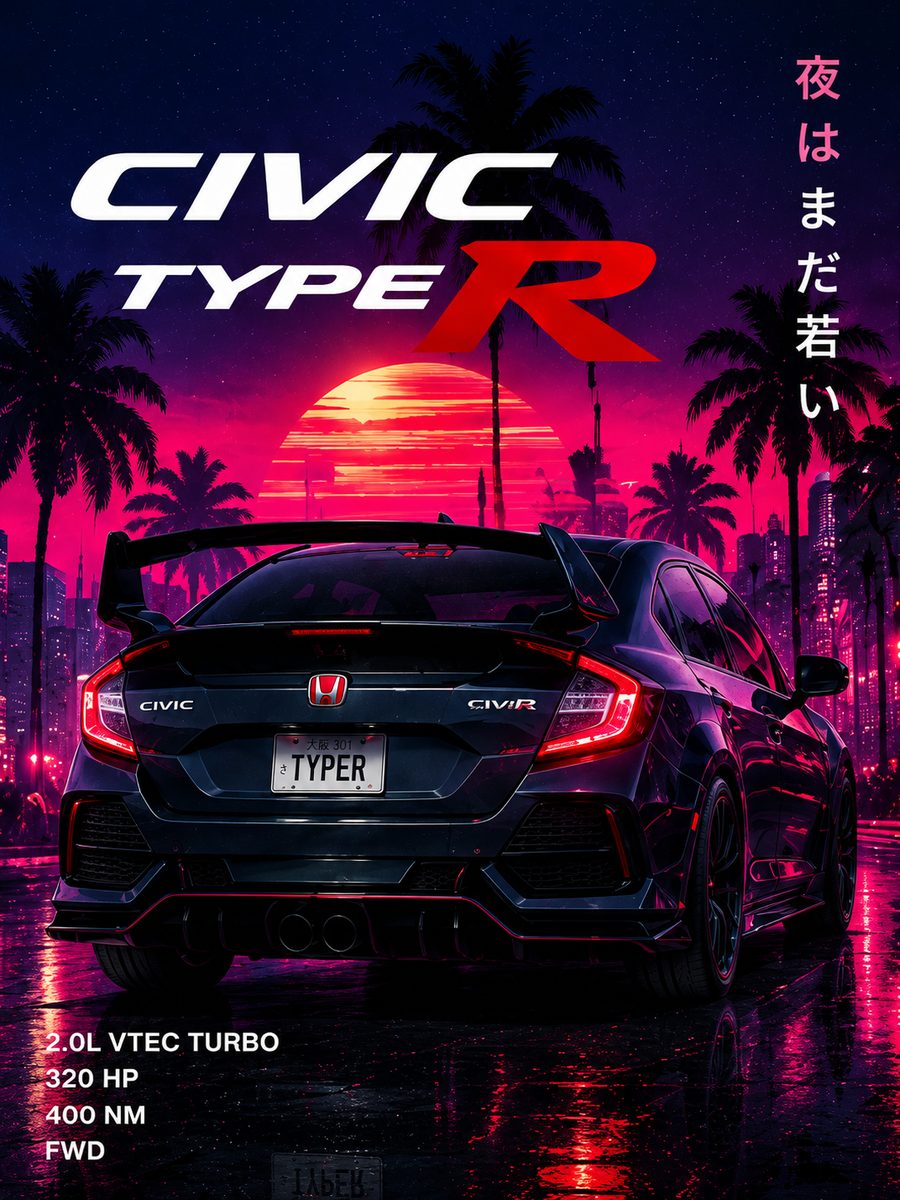 JDM Honda Civic Type R Canvas Poster – Synthwave Sunset Japanese Hot Hatch Wall Art - Image 2