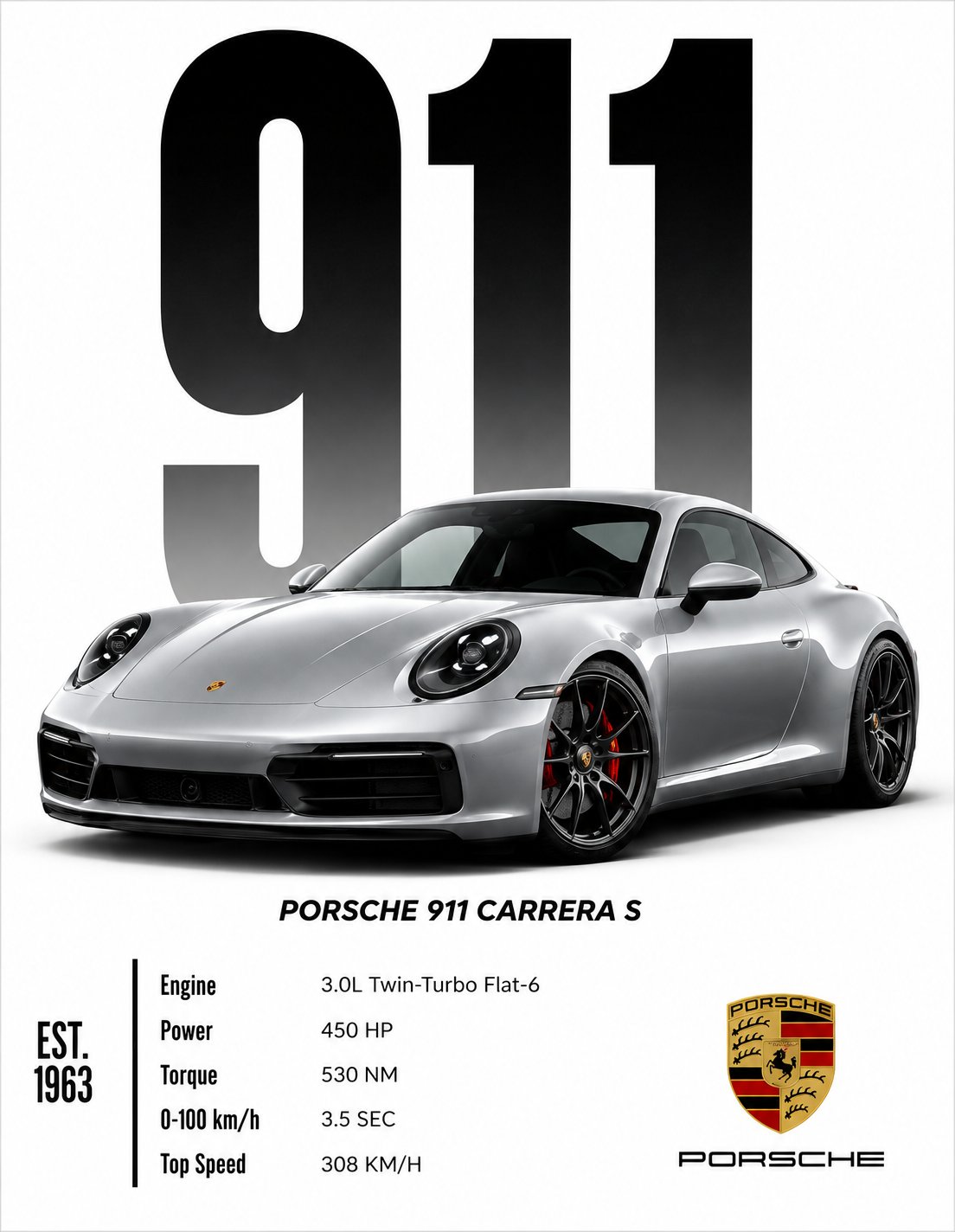Porsche 911 Carrera S Canvas Poster – German Luxury Supercar Spec Wall Art, Est. 1963 Edition - Image 2