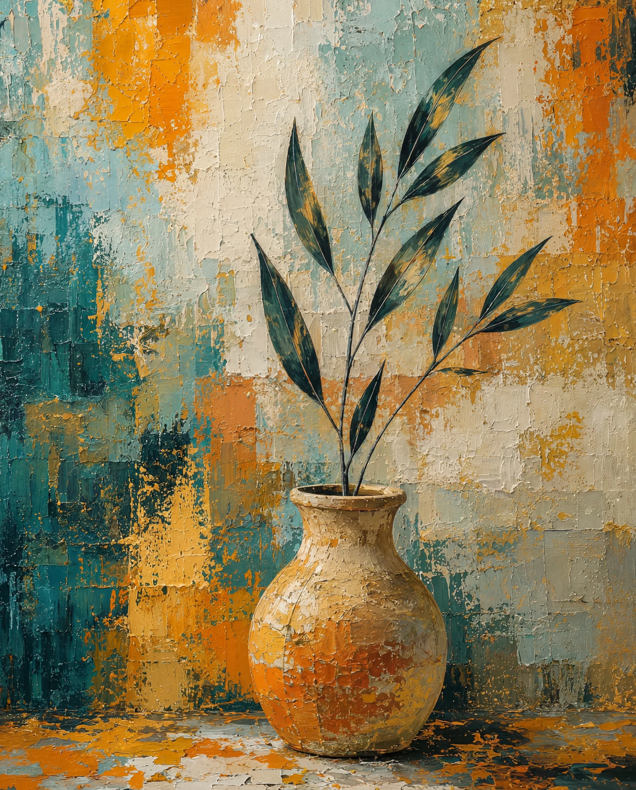 Earthen Vessel – Heavy Texture Expressionist Ceramic and Leaf Illustration - Image 2
