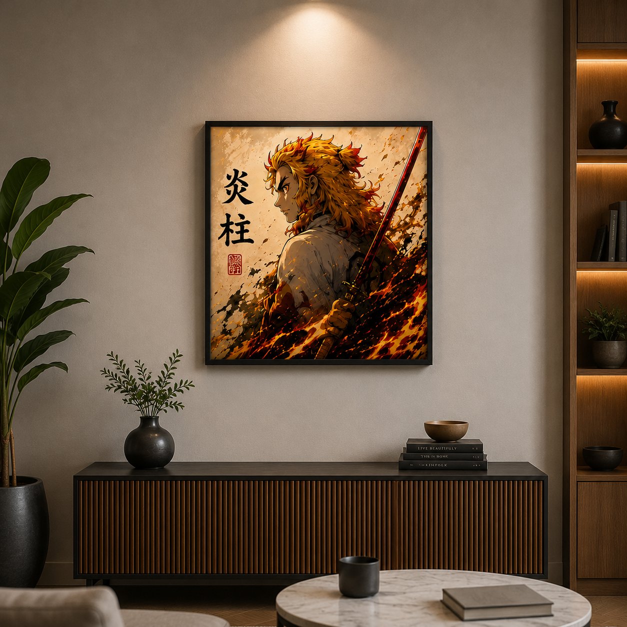 Demon Slayer Rengoku Anime Wall Art – Flame Hashira Japanese Kanji Canvas Print - Image 3