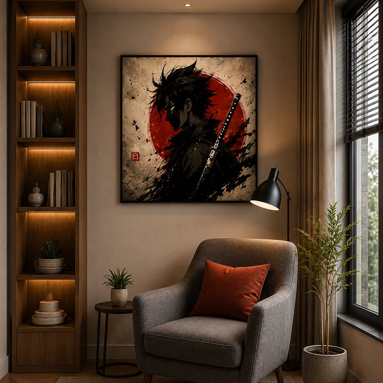 Japanese Samurai Anime Wall Art – Rising Sun Katana Ink Splatter Canvas Print - Image 2