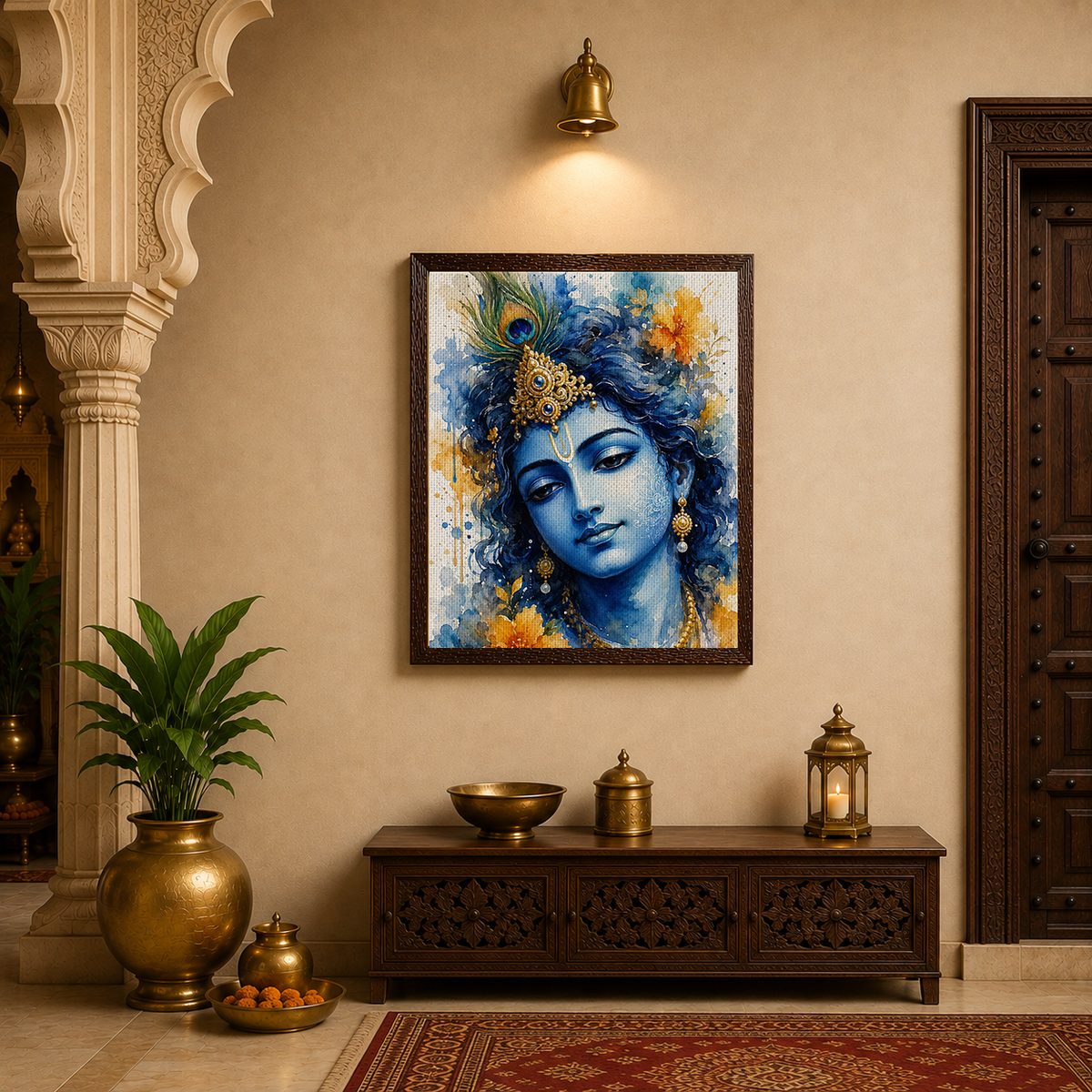 Ethereal Krishna – Floral Watercolor Canvas Art - Image 3