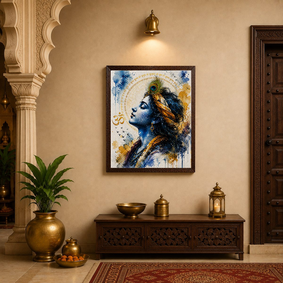 Divine Serenity of Krishna – Spiritual Watercolor Canvas Art - Image 3
