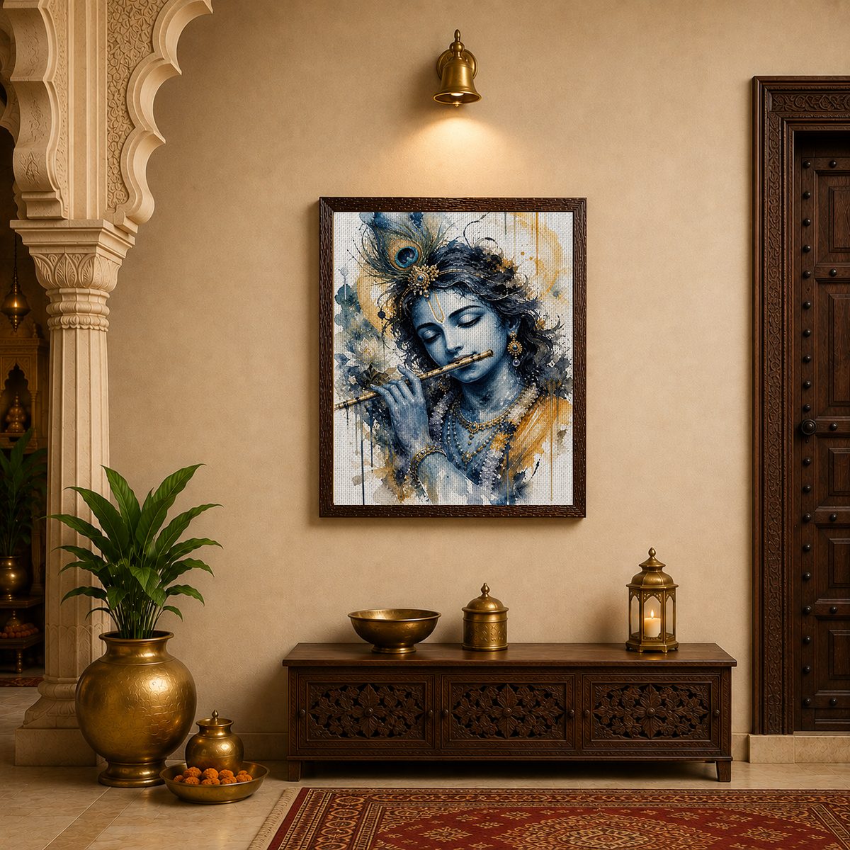 Krishna’s Divine Melody – Elegant Watercolor Canvas Art - Image 3