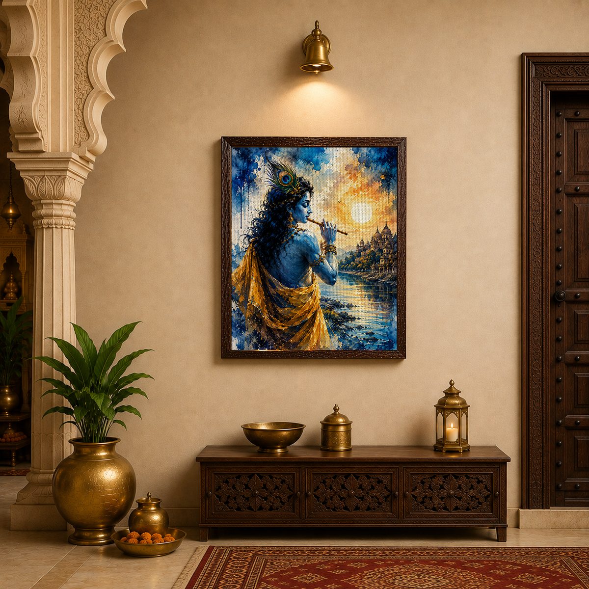 The Divine Flutist – Lord Krishna at Vrindavan Sunset Watercolor Art - Image 4