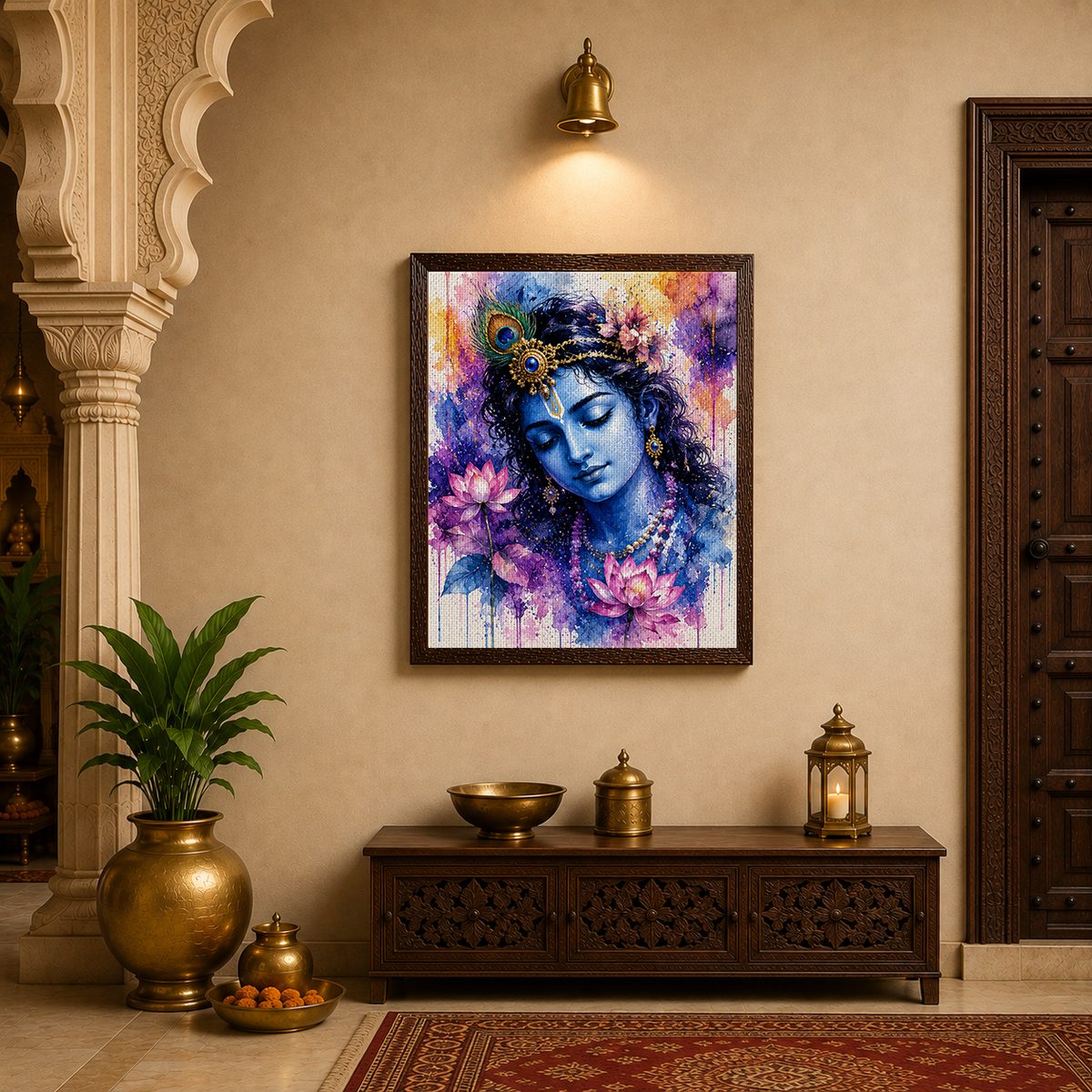 The Blossoming of Grace – Krishna Watercolor Portrait - Image 4
