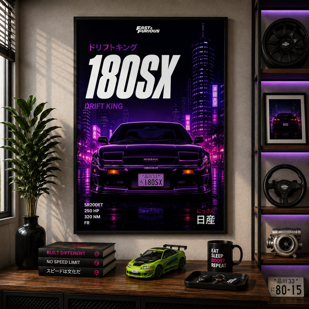 Nissan 180SX JDM Car Wall Art – Cyberpunk Neon Purple Drift King Canvas Print - Image 4