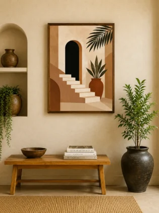 Boho Architecture Canvas Wall Art – Minimalist Moroccan Arch and Stairs Geometric Desert
