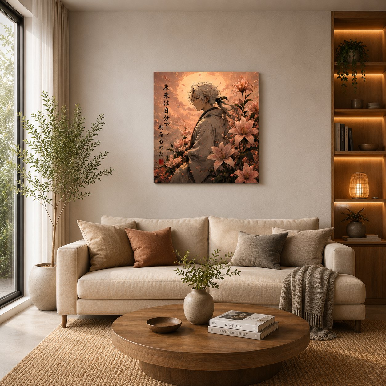 Japanese Samurai Anime Wall Art – Pastel Pink Lily Mountain Canvas Print - Image 2