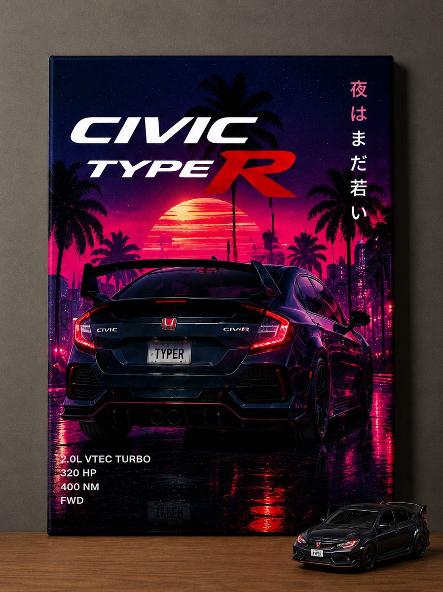 JDM Honda Civic Type R Canvas Poster – Synthwave Sunset Japanese Hot Hatch Wall Art - Image 4