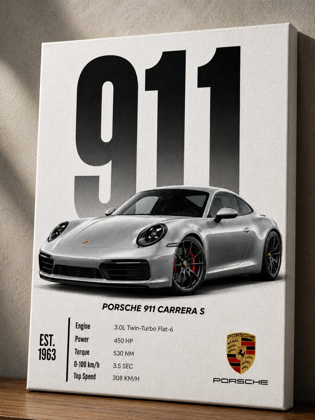 Porsche 911 Carrera S Canvas Poster – German Luxury Supercar Spec Wall Art, Est. 1963 Edition - Image 3