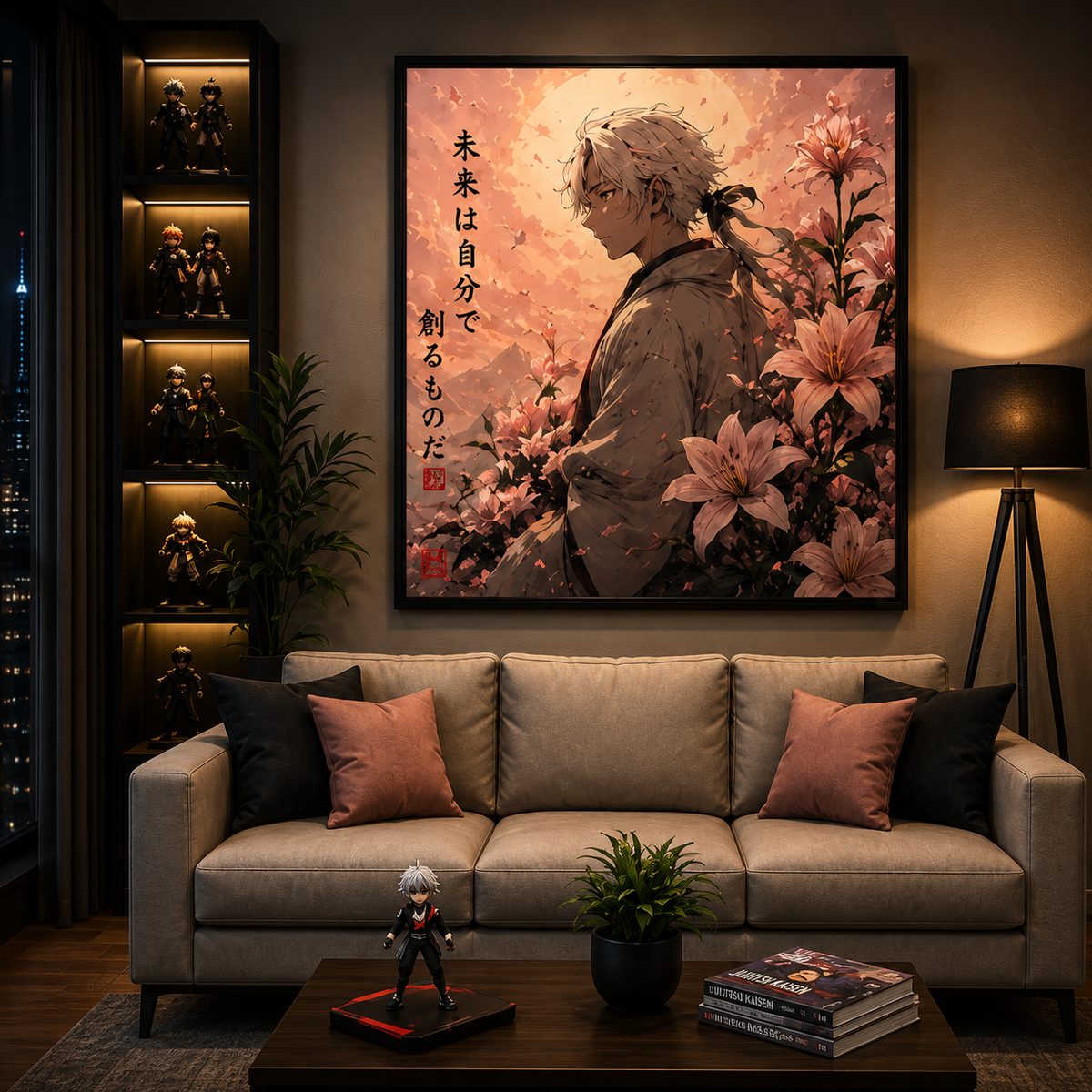 Japanese Samurai Anime Wall Art – Pastel Pink Lily Mountain Canvas Print