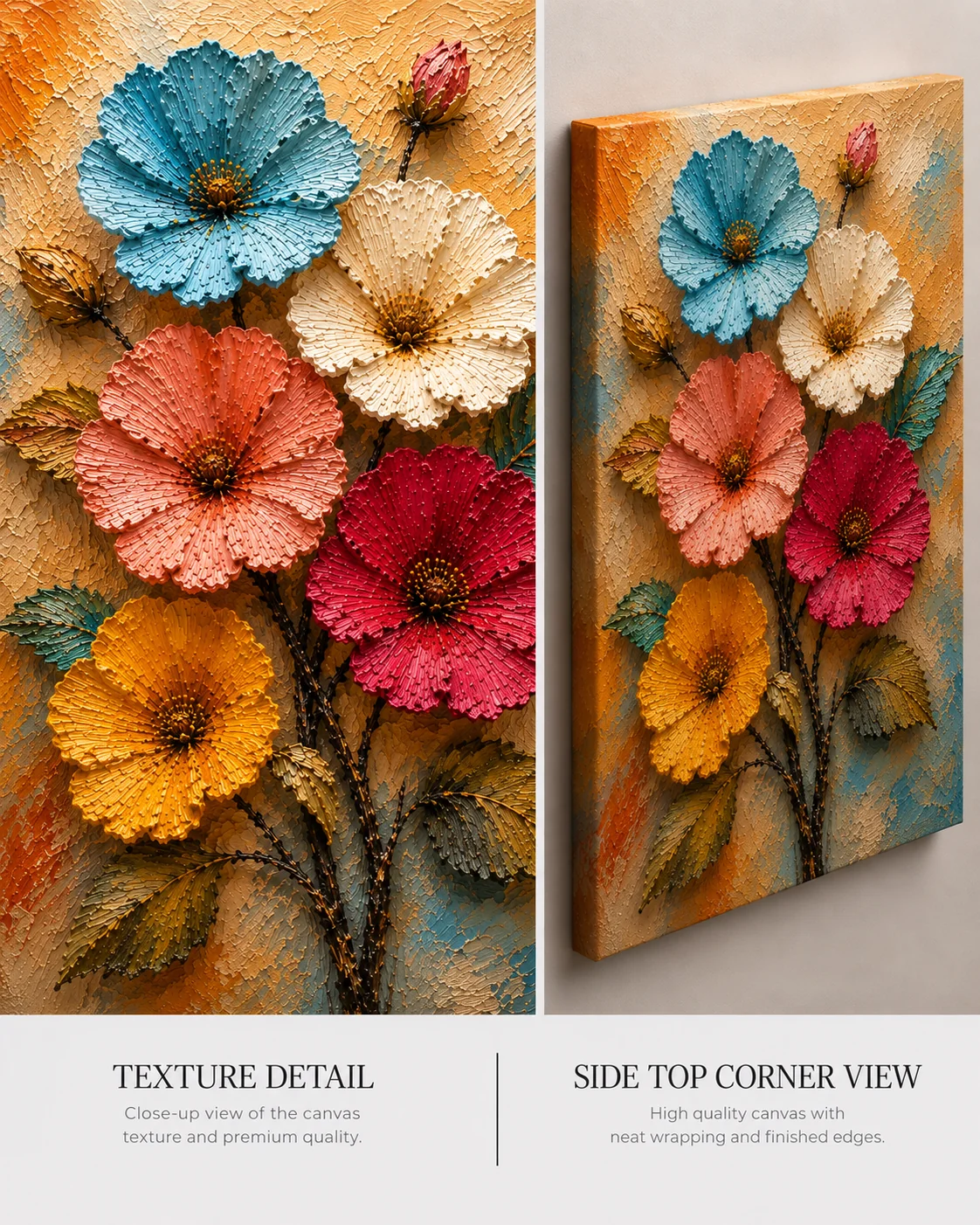Vibrant Meadow Blooms 3D Canvas Print – Heavy Impasto Palette Knife Floral Wall Art - Image 4