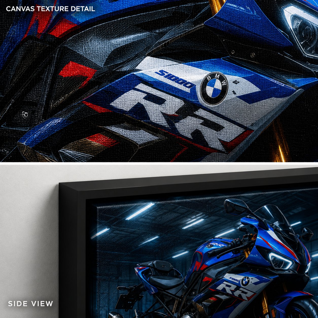 BMW S1000RR Motorcycle Wall Art – Cyberpunk Neon Blue Superbike Canvas Print - Image 3