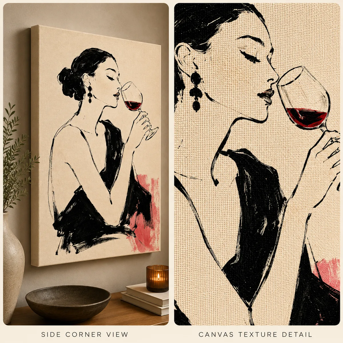 Parisian Evening Fashion Canvas Art – Red Wine & Blush Pink - Image 3