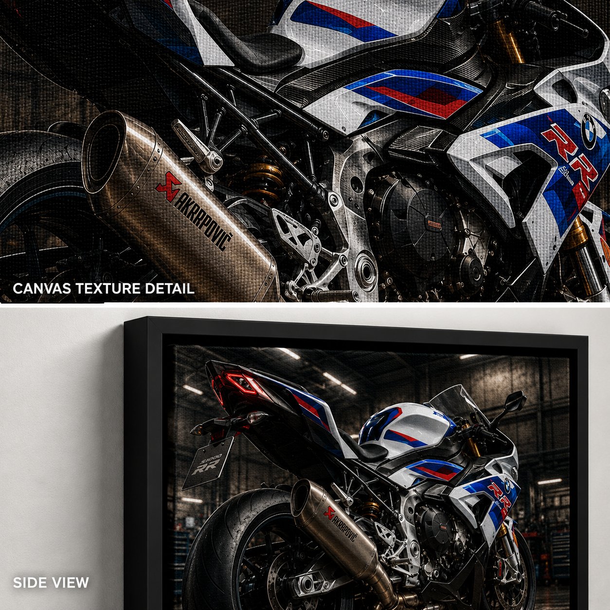 BMW S1000RR Motorcycle Wall Art – Motorsport White Neon Garage Canvas Print - Image 3