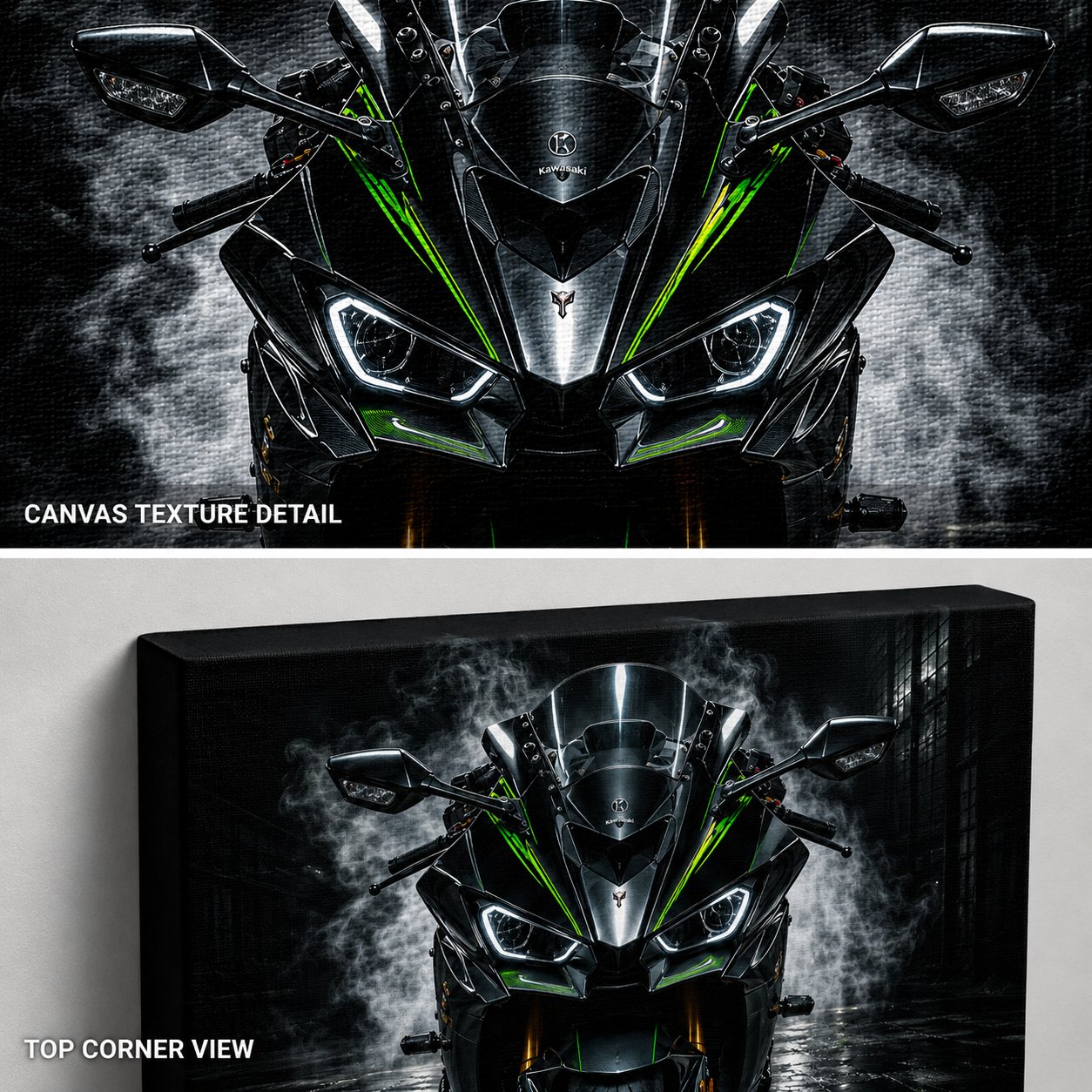 Kawasaki Ninja ZX-10R Motorcycle Wall Art – Front View Cyberpunk Smoke Canvas Print - Image 4