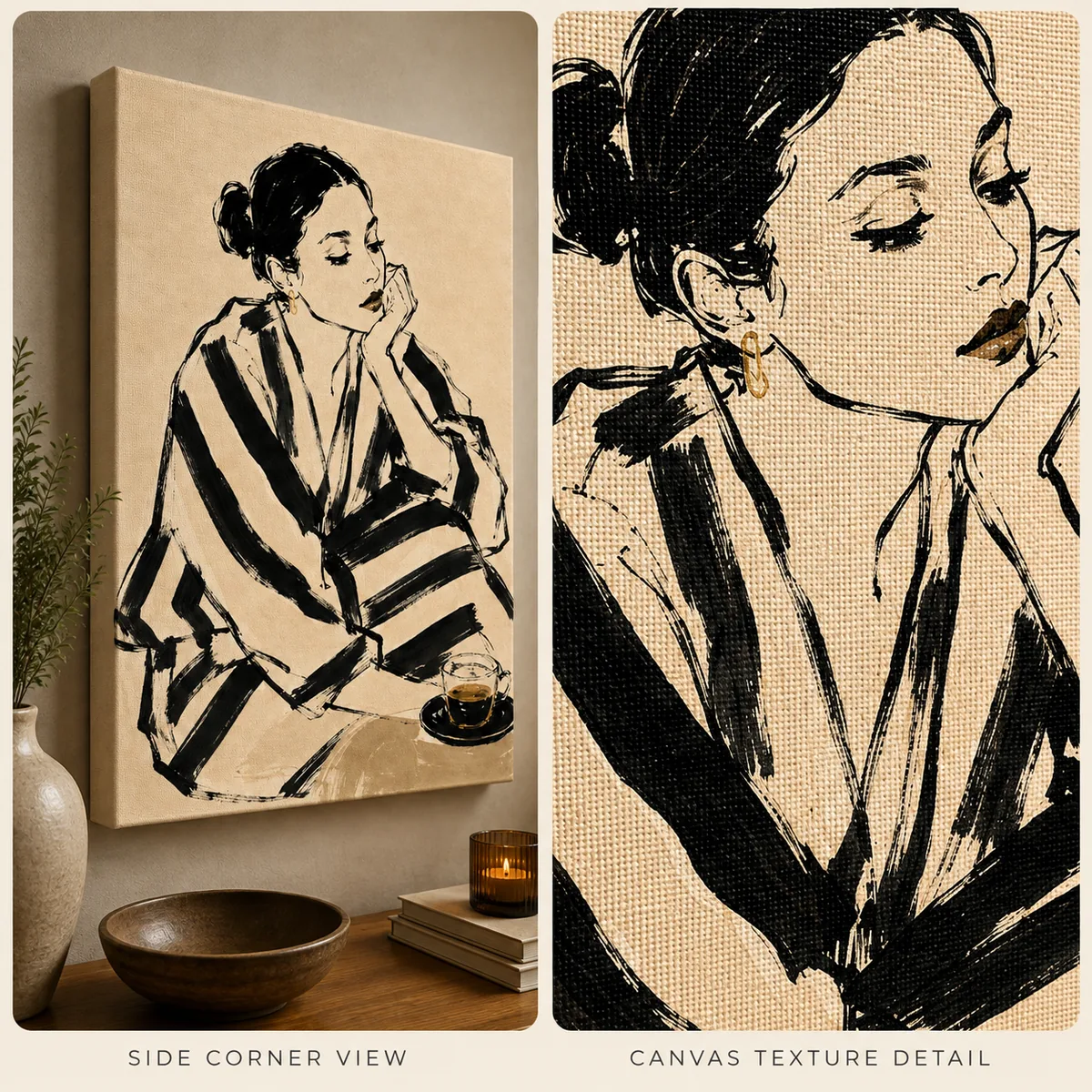 Morning Espresso Fashion Canvas Art – Amber & Black Stripes - Image 3