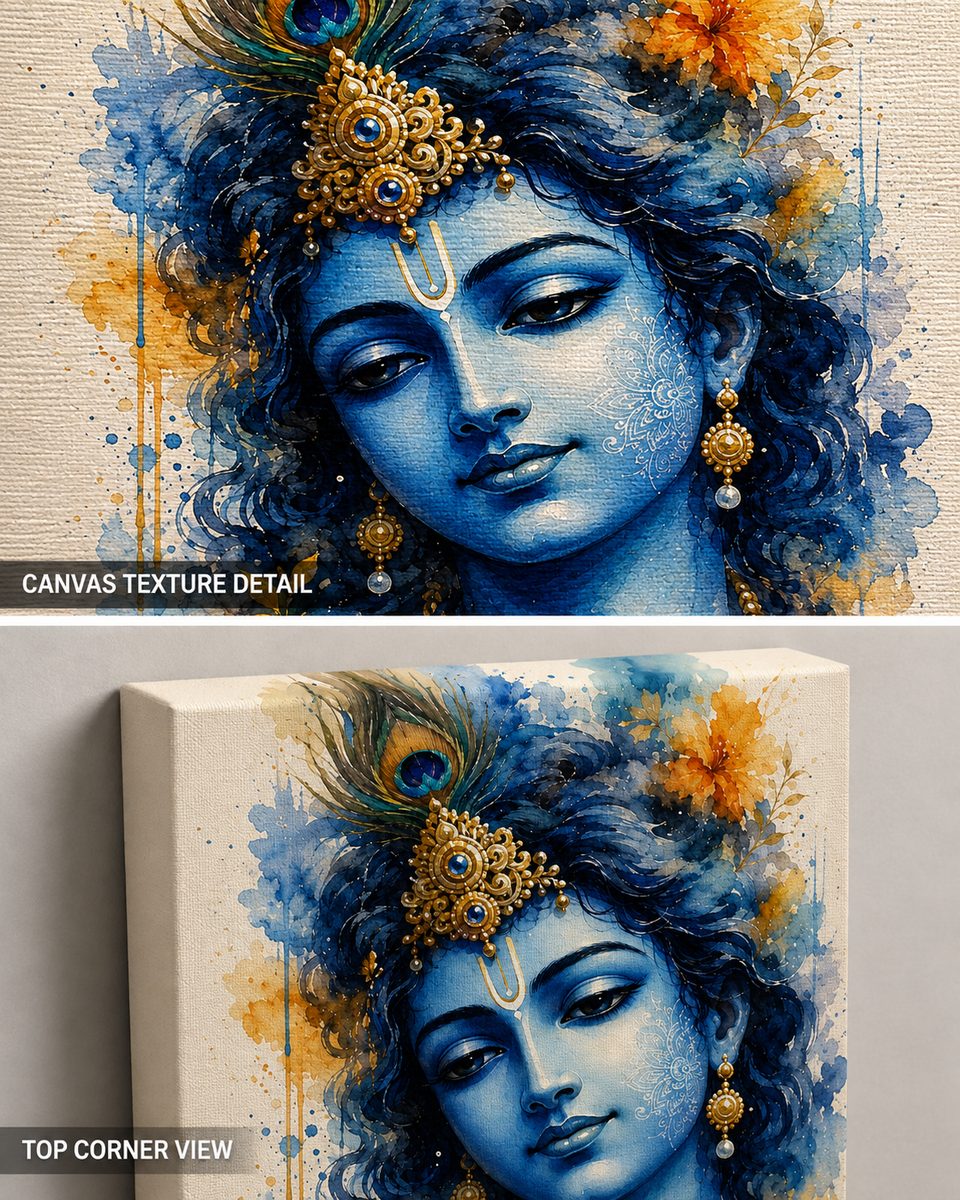 Ethereal Krishna – Floral Watercolor Canvas Art - Image 4