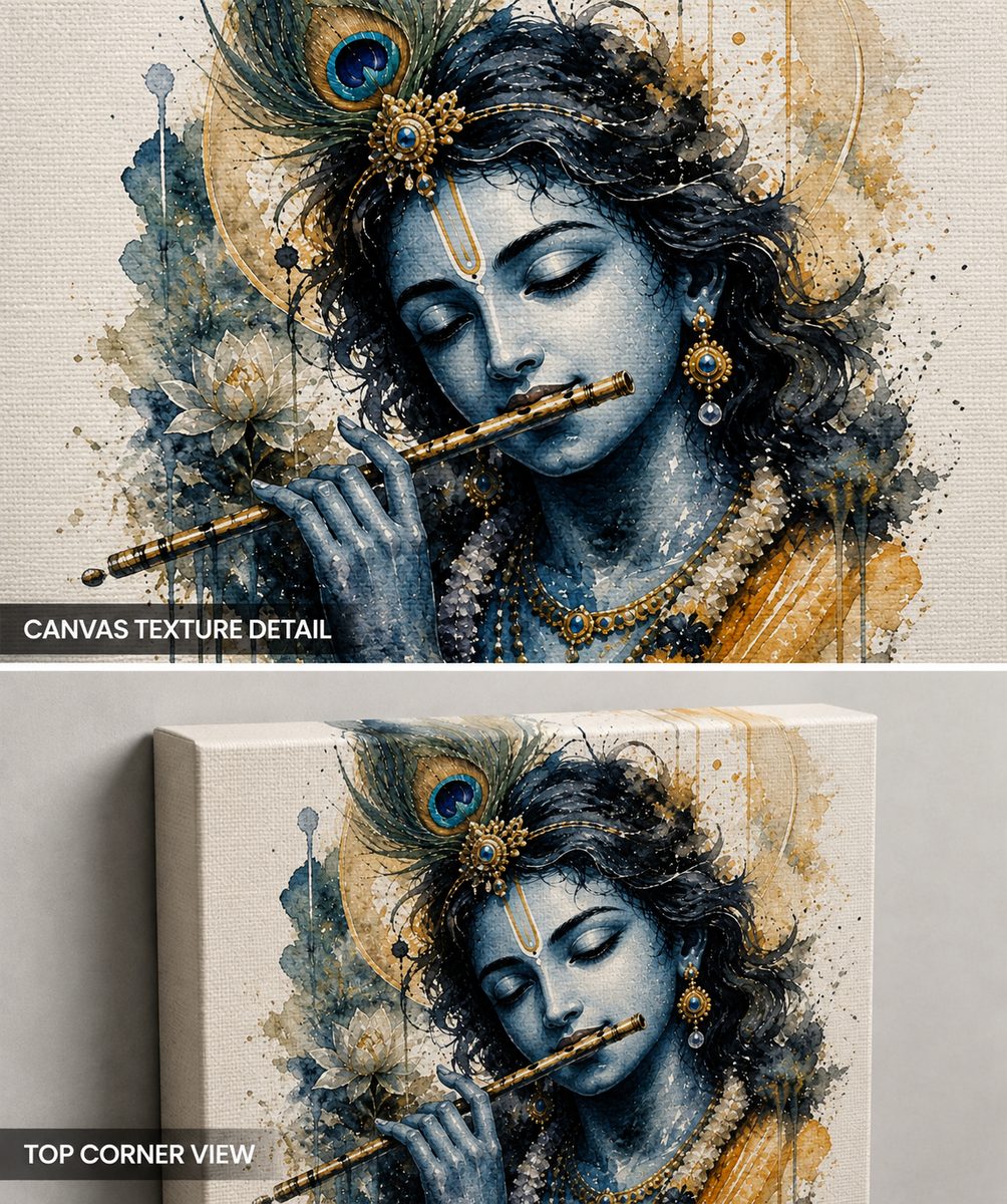 Krishna’s Divine Melody – Elegant Watercolor Canvas Art - Image 4