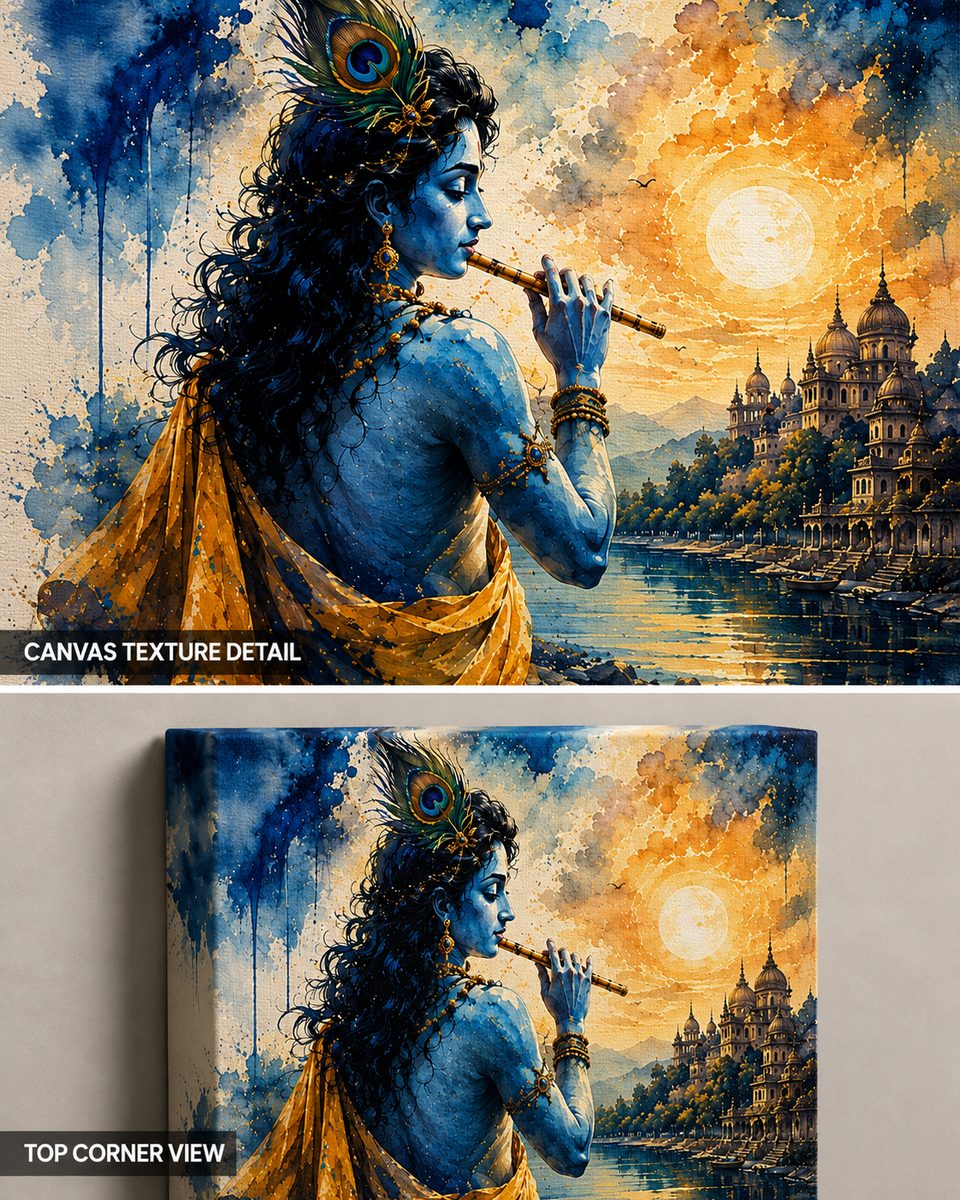 The Divine Flutist – Lord Krishna at Vrindavan Sunset Watercolor Art - Image 2