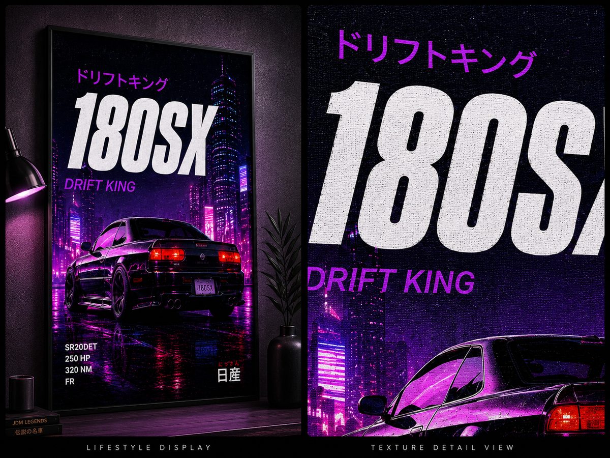 Nissan 180SX JDM Car Wall Art – Cyberpunk Neon Purple Drift King Canvas Print - Image 3