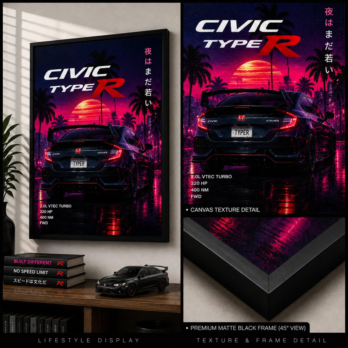 JDM Honda Civic Type R Canvas Poster – Synthwave Sunset Japanese Hot Hatch Wall Art - Image 3