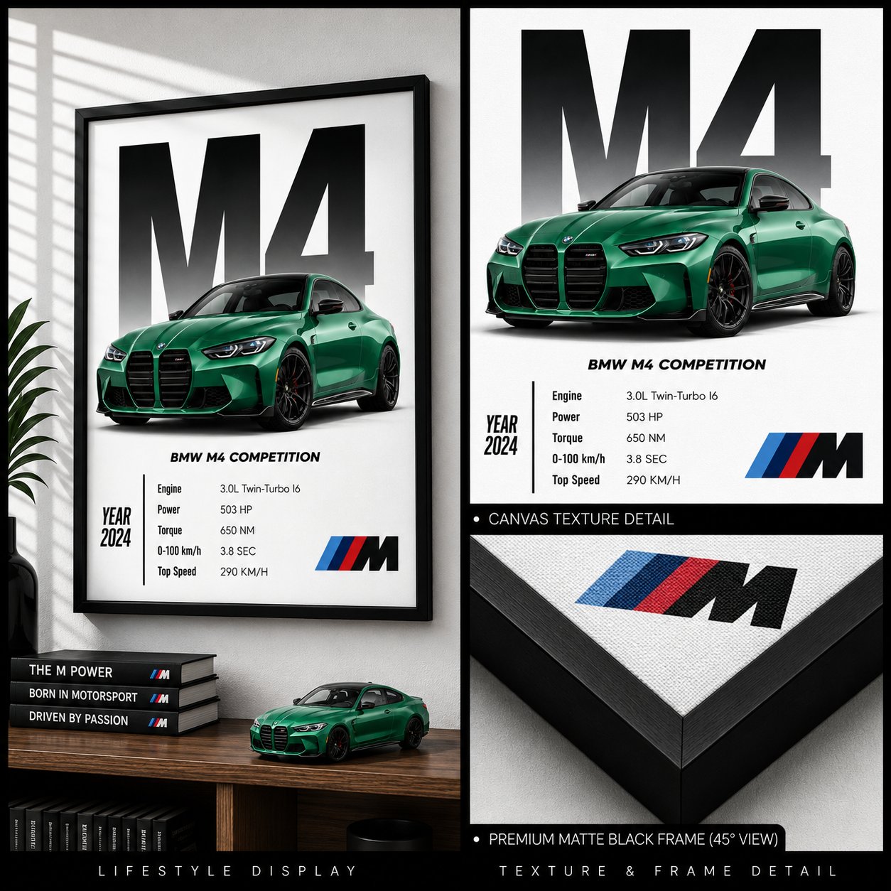 BMW M4 Competition Wall Art – Isle of Man Green Metallic Luxury Car Canvas - Image 4