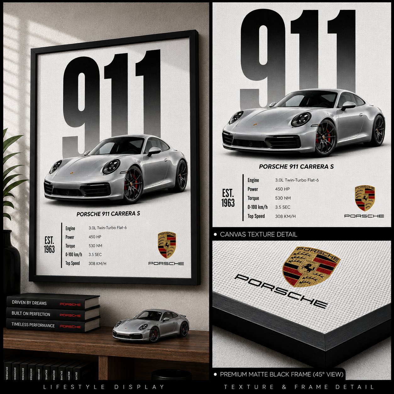 Porsche 911 Carrera S Canvas Poster – German Luxury Supercar Spec Wall Art, Est. 1963 Edition - Image 4