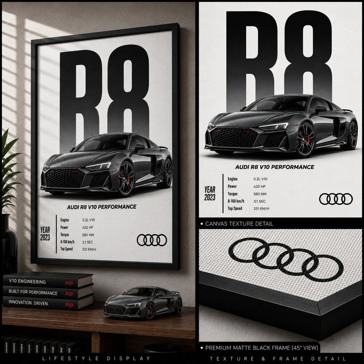 Audi R8 V10 Performance Canvas Poster – German Exotic Supercar Spec Wall Art, Year 2023 Edition - Image 3