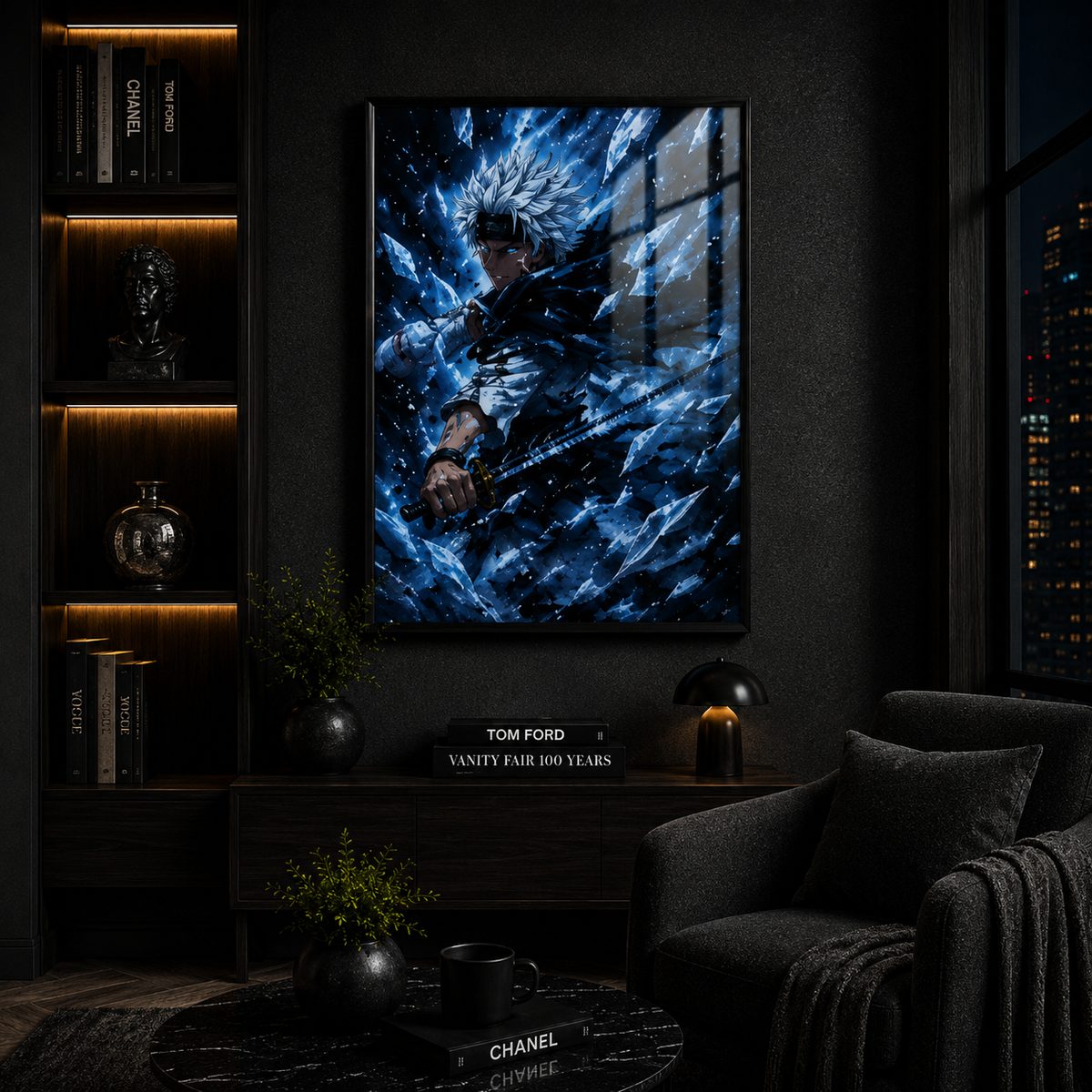 Glacial Shards Unleashed – Neon Ice Dragon Captain Anime Wall Art Blockout Print - Image 2