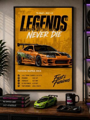 Toyota Supra MK4 JDM Wall Art – Fast & Furious Orange Legends Never Die Canvas