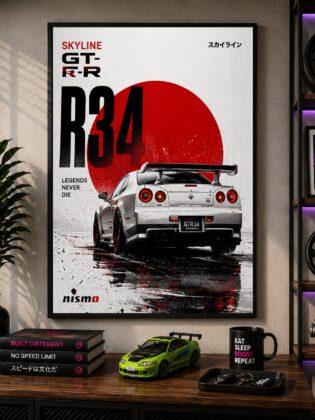 JDM Nissan Skyline GT-R R34 Canvas Poster – Nismo Legends Never Die Japanese Car Wall Art