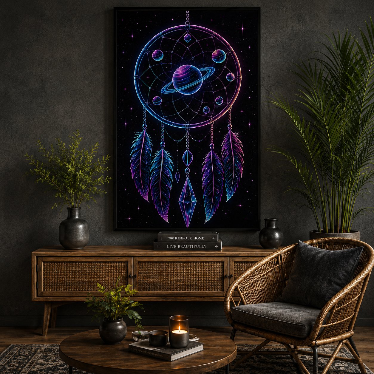 Planetary Ring Dreamcatcher – Cosmic Solar System Wall Art Neon Blockout Print - Image 3