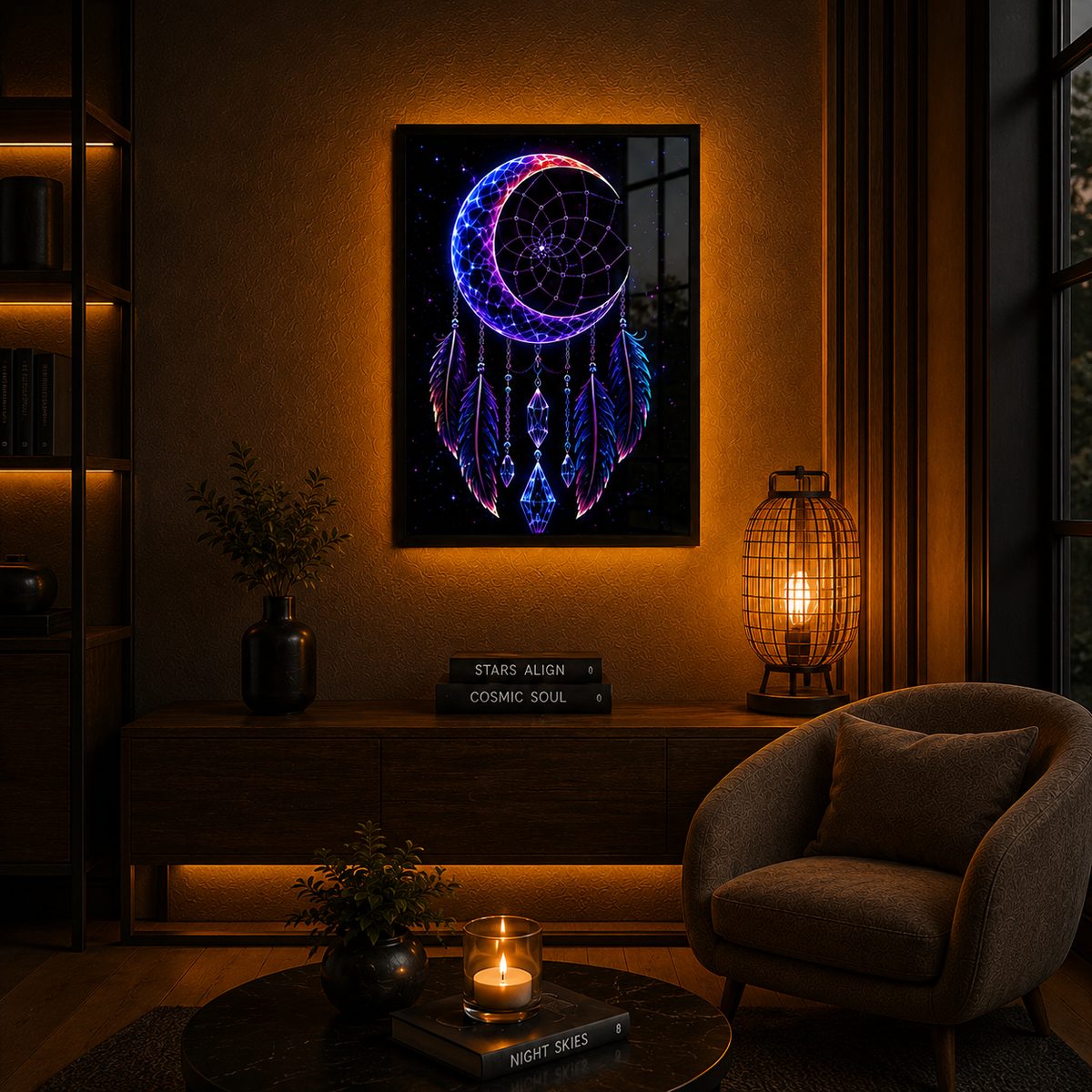Crescent Moon Celestial Dreamcatcher – Mystical Crystals & Neon Galactic Wall Art Blockout Print - Image 2
