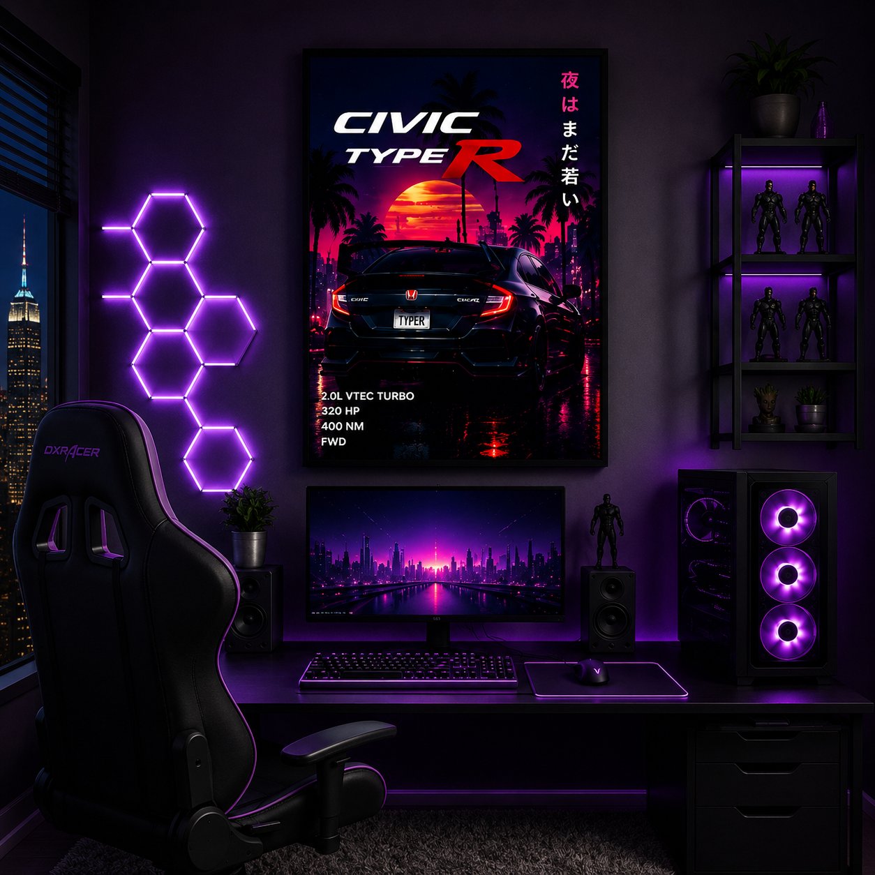 JDM Honda Civic Type R Canvas Poster – Synthwave Sunset Japanese Hot Hatch Wall Art - Image 4