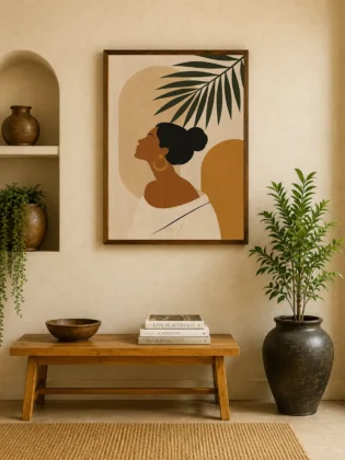 Minimalist Female Portrait & Palm Leaf Canvas Art – Organic Modern Boho Woman Print